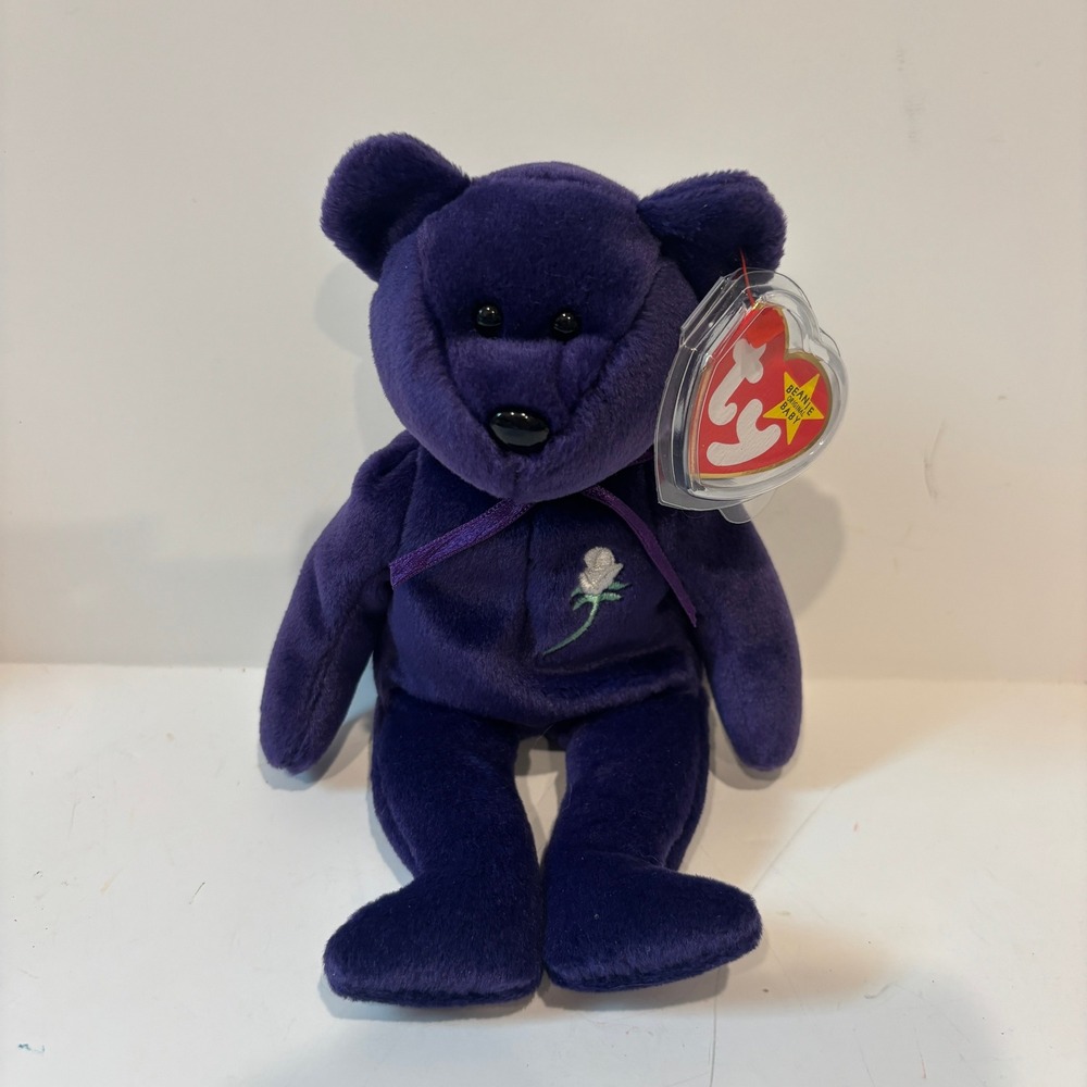 Ty Beanie Baby Princess Diana Bear Purple Plush White Rose 1997 08421043002
